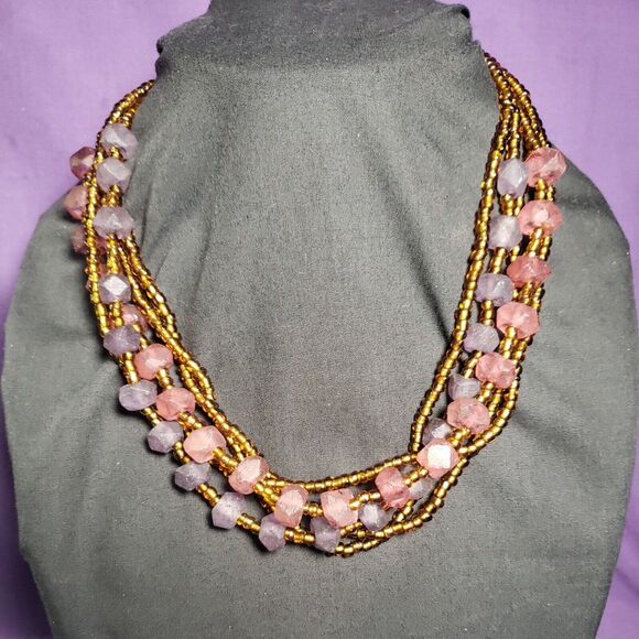 Sapphire Brand Multistrand Textured Glass Bead Necklace Pink Purple Amber w/tags - Picture 1 of 13